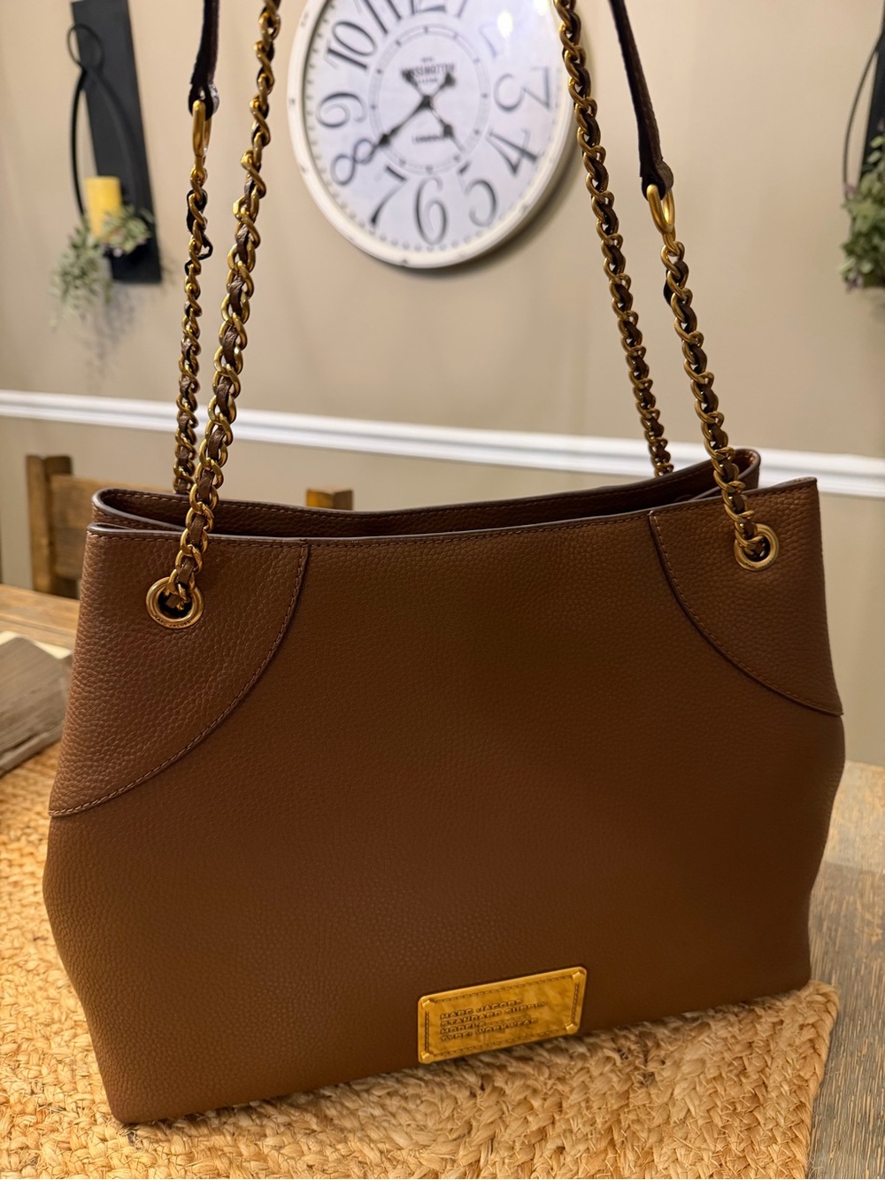 Marc Jacobs Brown Pebbled Leather Shoulder Bag with Gold Chain Straps